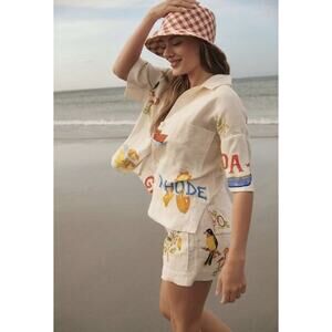 RHODE Cream Button-Front Printed Linen Blouse